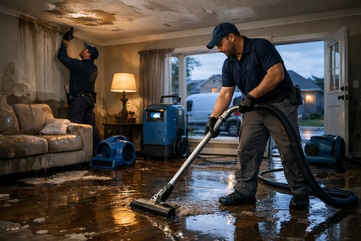 Legacy Water Restoration technician inspecting water damage in an Austin home