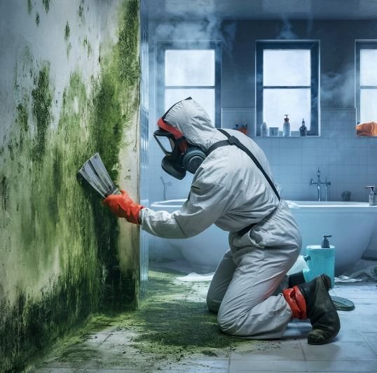 Mold remediation technician in protective equipment treating an Austin property
