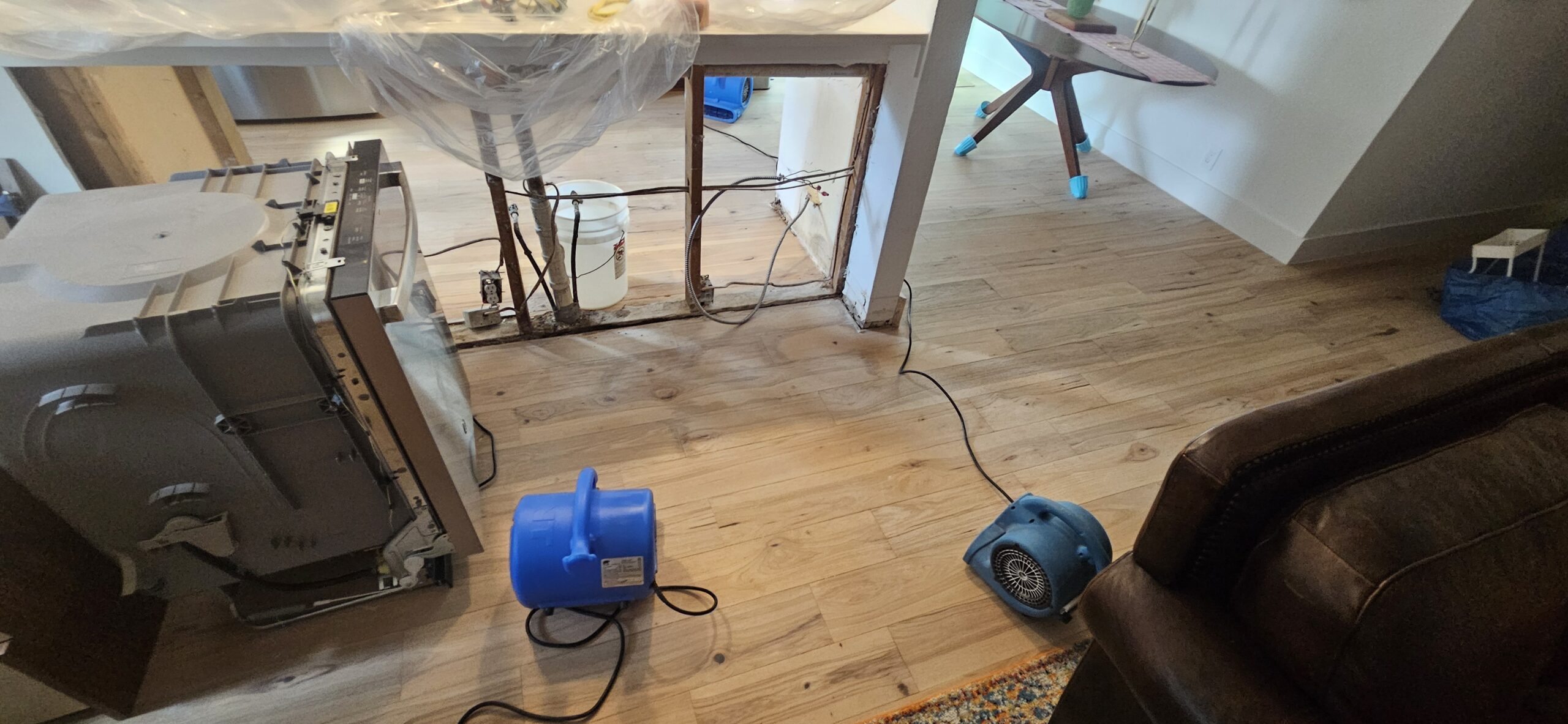 Industrial dehumidifiers and air movers drying an Austin property